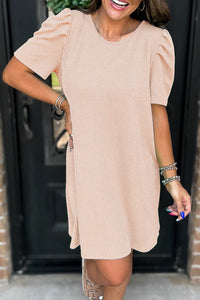 Light Beige Ribbed Dress with Short Puff Sleeves and Pockets