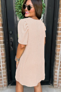 Light Beige Ribbed Dress with Short Puff Sleeves and Pockets
