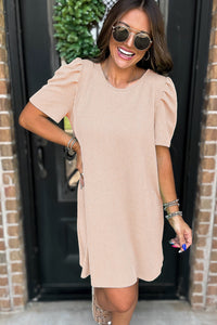 Light Beige Ribbed Dress with Short Puff Sleeves and Pockets
