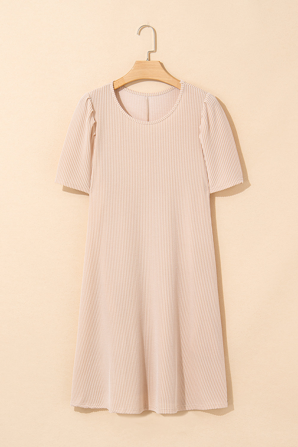 Light Beige Ribbed Dress with Short Puff Sleeves and Pockets