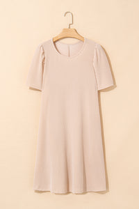 Light Beige Ribbed Dress with Short Puff Sleeves and Pockets