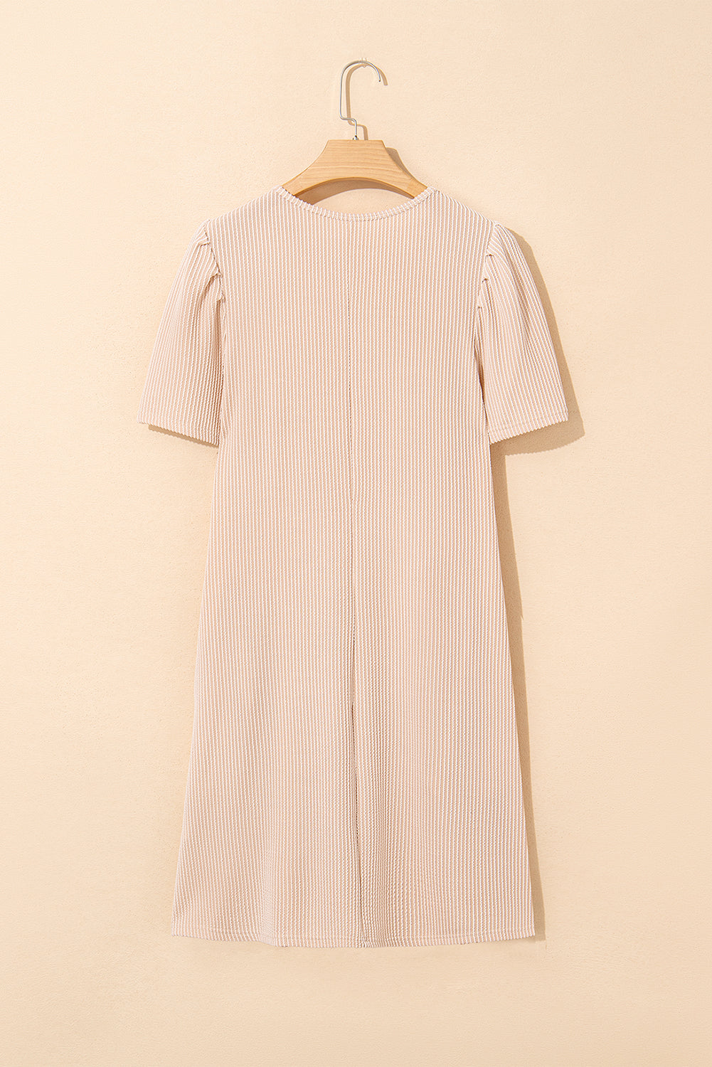 Light Beige Ribbed Dress with Short Puff Sleeves and Pockets