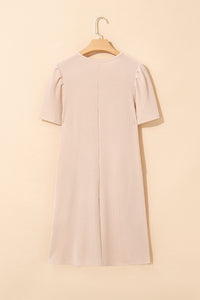 Light Beige Ribbed Dress with Short Puff Sleeves and Pockets
