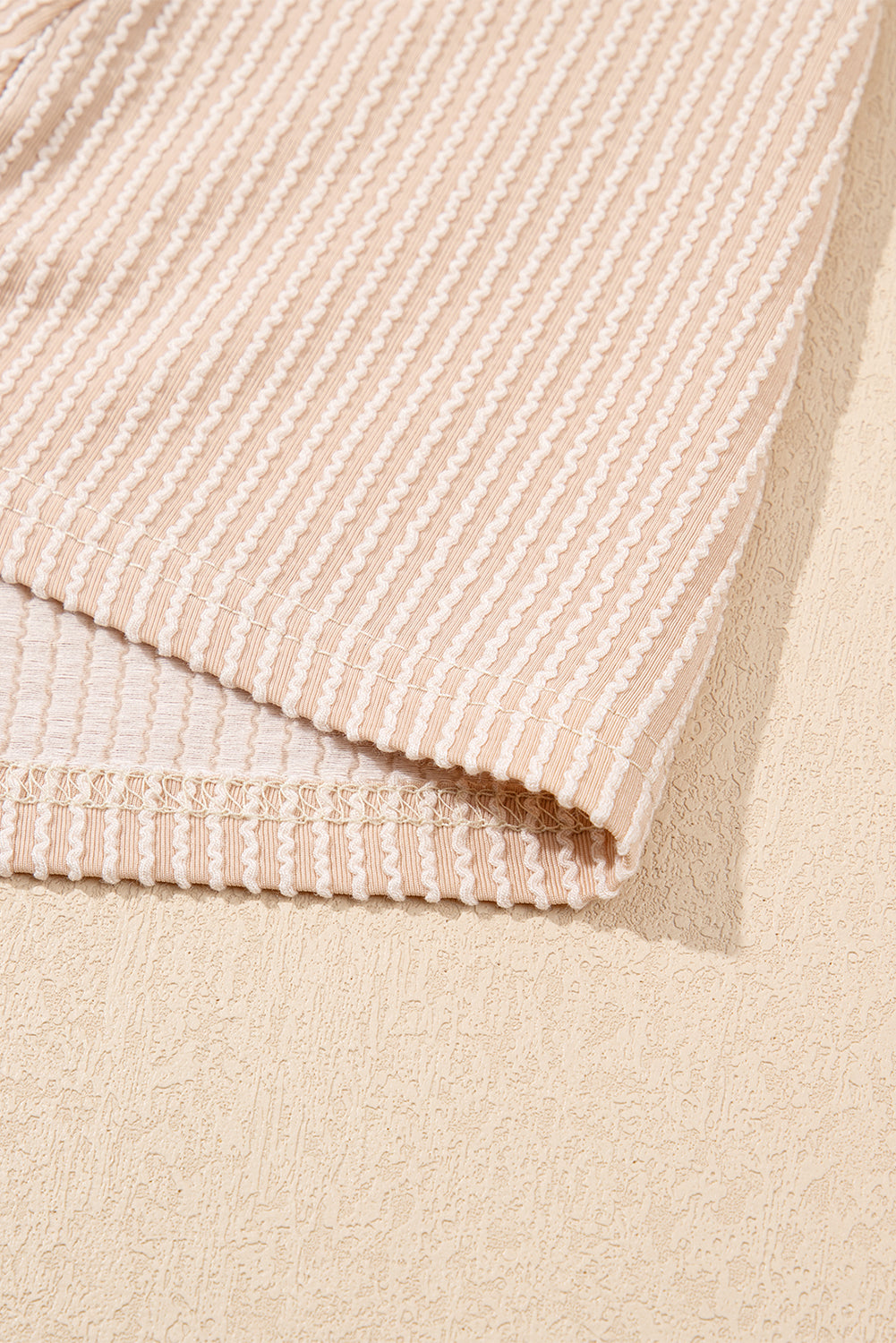 Light Beige Ribbed Dress with Short Puff Sleeves and Pockets
