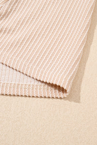 Light Beige Ribbed Dress with Short Puff Sleeves and Pockets