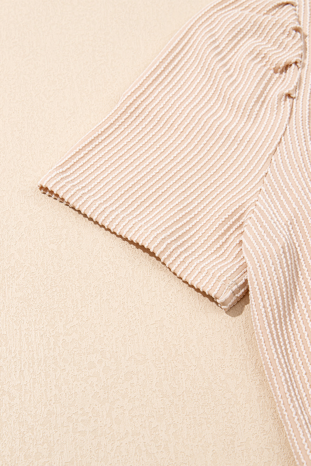 Light Beige Ribbed Dress with Short Puff Sleeves and Pockets
