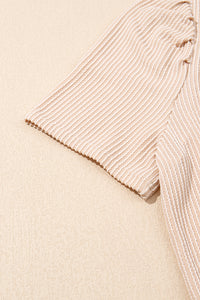 Light Beige Ribbed Dress with Short Puff Sleeves and Pockets