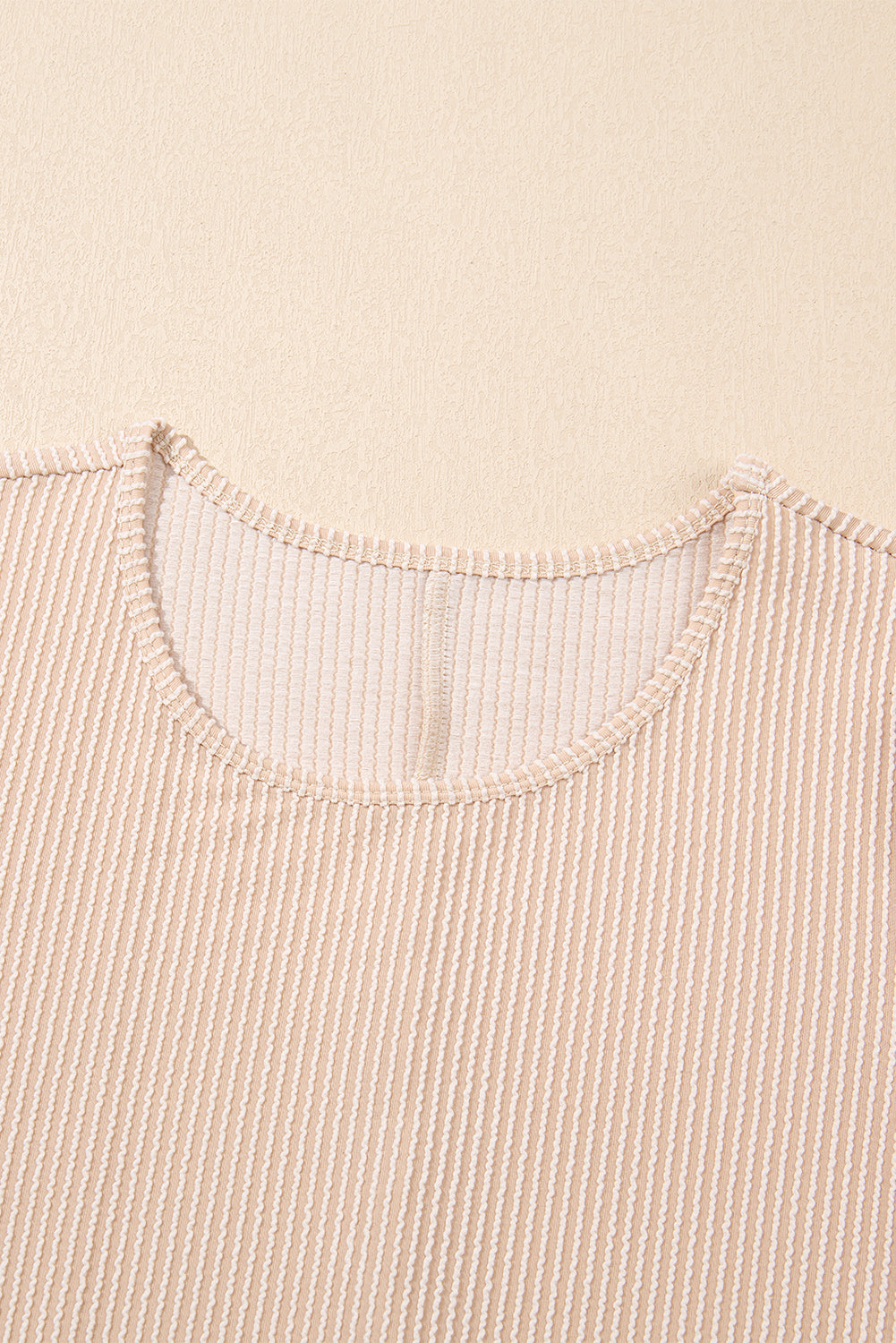 Light Beige Ribbed Dress with Short Puff Sleeves and Pockets