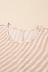 Light Beige Ribbed Dress with Short Puff Sleeves and Pockets