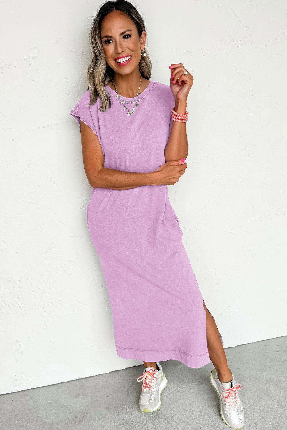 Mineral Wash (Purple) T-Shirt Long Dress with Pockets