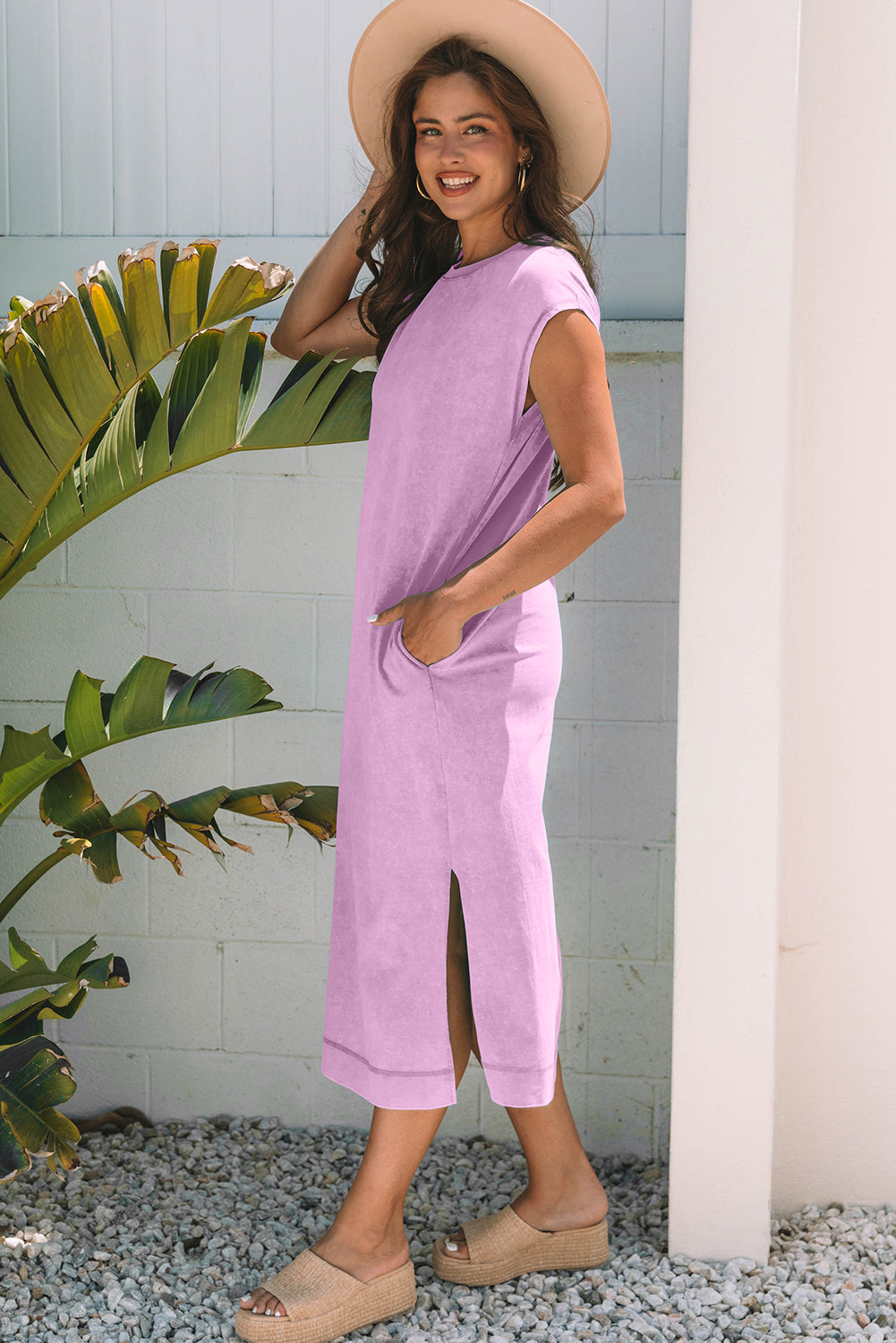 Mineral Wash (Purple) T-Shirt Long Dress with Pockets