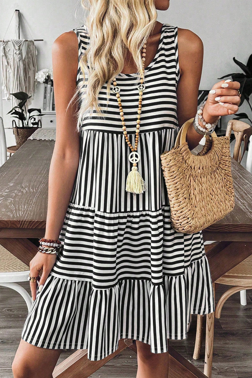 Cotton Black and White Striped Flowy Mini Dress
