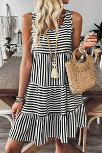 Cotton Black and White Striped Flowy Mini Dress