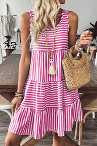 Cotton Pink and White Striped Flowy Mini Dress