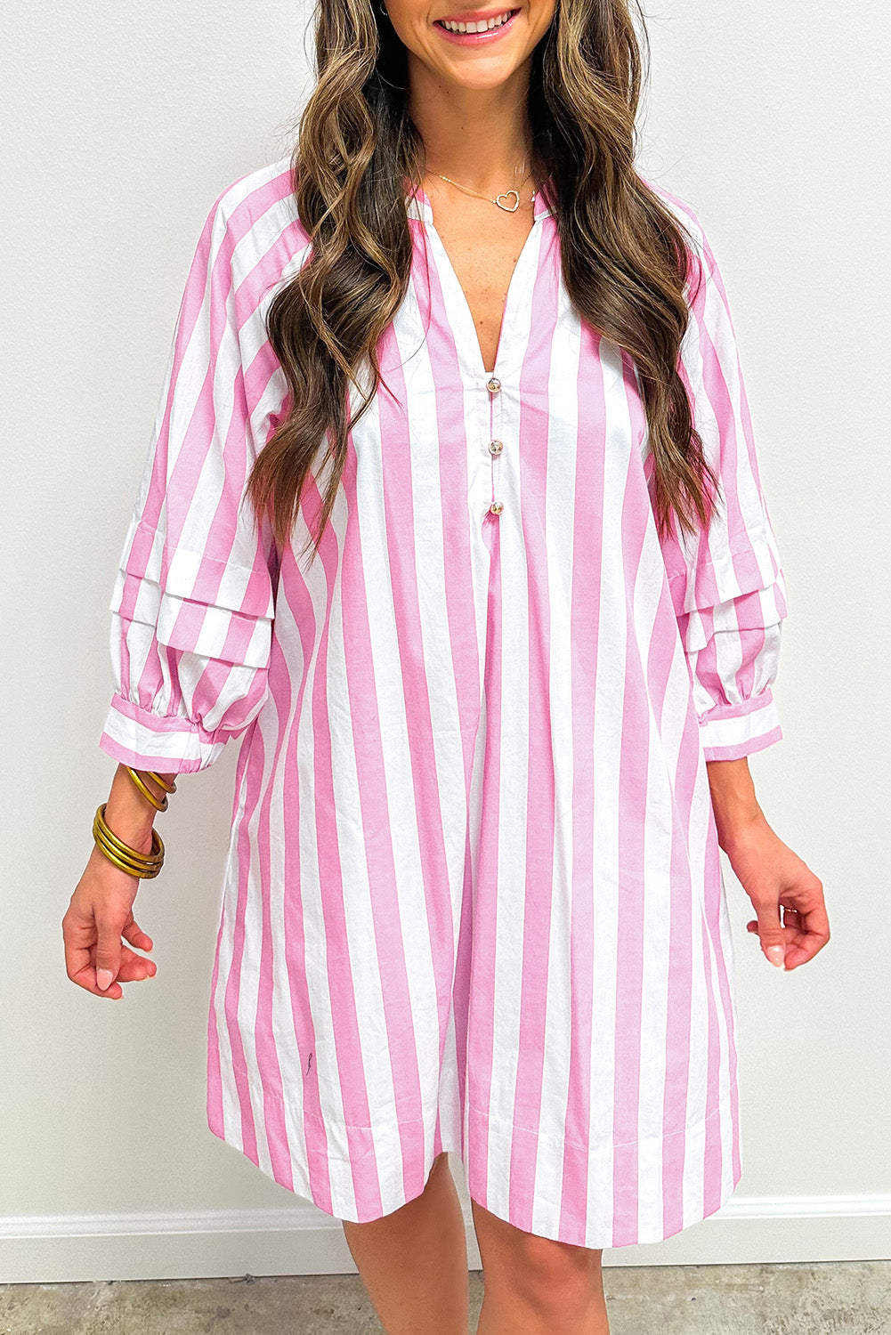 Pink & White Striped Loose-Fitting 3/4 Sleeve Dress