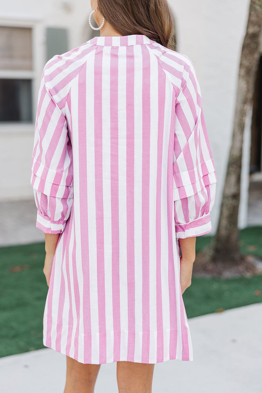 Pink & White Striped Loose-Fitting 3/4 Sleeve Dress