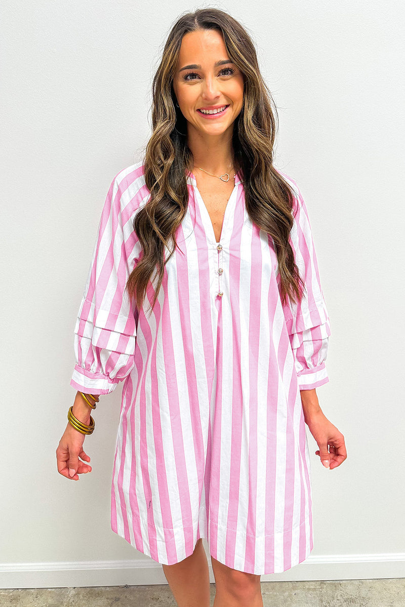 Pink & White Striped Loose-Fitting 3/4 Sleeve Dress