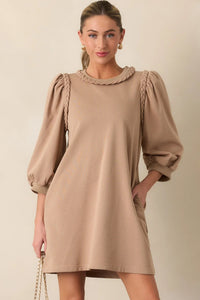 Clara Beige Braided Trim Puff-Sleeve Dress