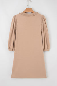 Clara Beige Braided Trim Puff-Sleeve Dress