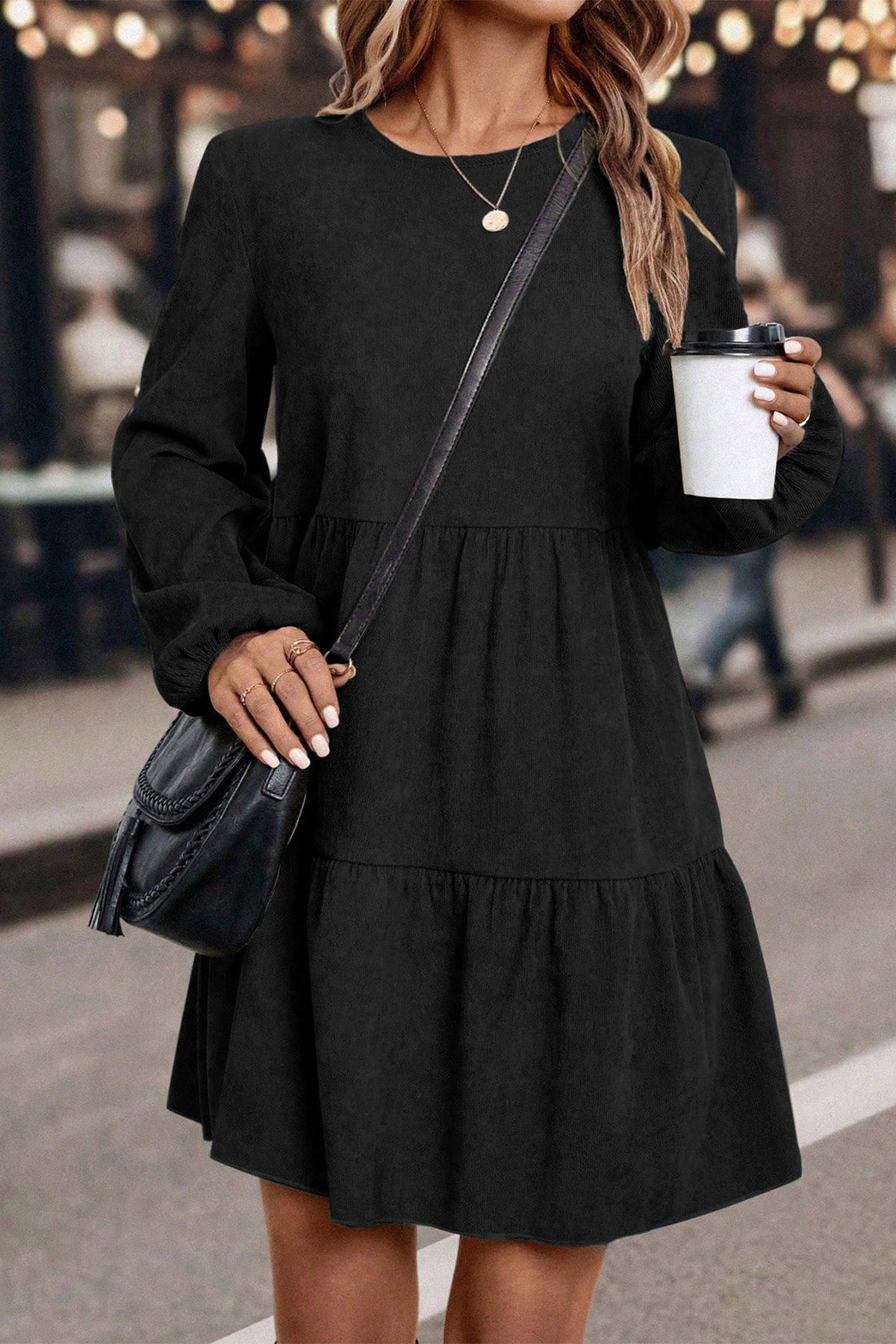 Balloon Long Sleeve (Black) Tiered Dress w/Round Neck