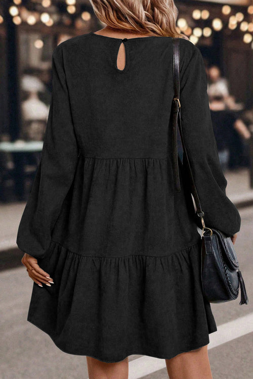 Balloon Long Sleeve (Black) Tiered Dress w/Round Neck