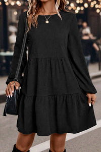 Balloon Long Sleeve (Black) Tiered Dress w/Round Neck