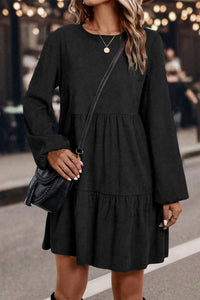 Balloon Long Sleeve (Black) Tiered Dress w/Round Neck