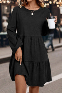Balloon Long Sleeve (Black) Tiered Dress w/Round Neck