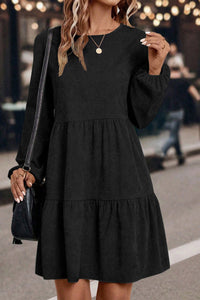 Balloon Long Sleeve (Black) Tiered Dress w/Round Neck