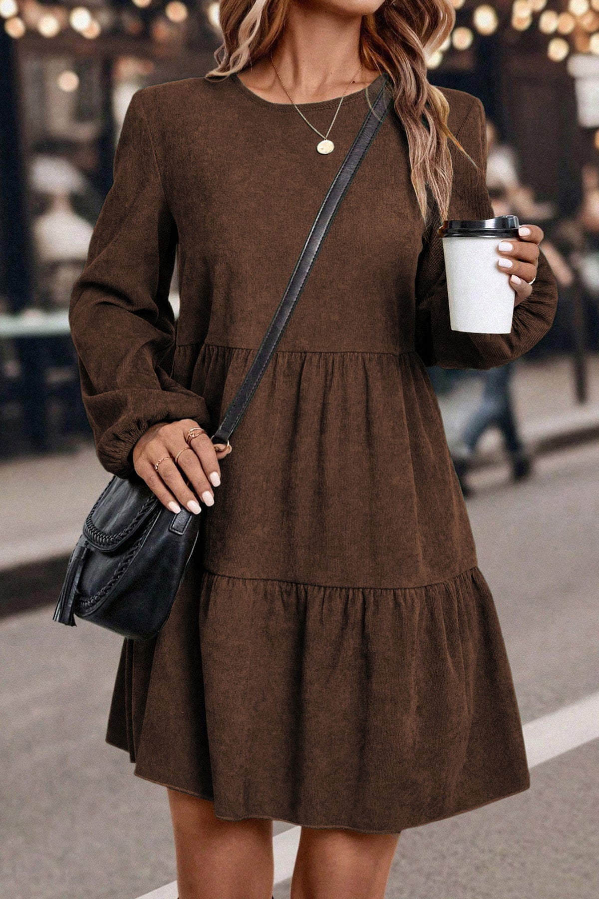Balloon Long Sleeve (Chocolate) Tiered Dress w/Round Neck
