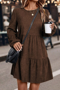 Balloon Long Sleeve (Chocolate) Tiered Dress w/Round Neck