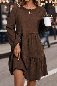 Balloon Long Sleeve (Chocolate) Tiered Dress w/Round Neck