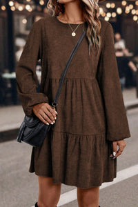 Balloon Long Sleeve (Chocolate) Tiered Dress w/Round Neck