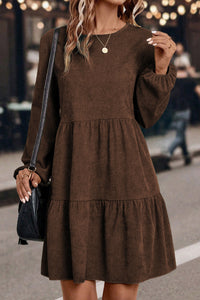 Balloon Long Sleeve (Chocolate) Tiered Dress w/Round Neck