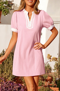 Light Pink & White Puff Sleeve (45% Cotton) Mini Dress w/Scallop Detail & Pockets
