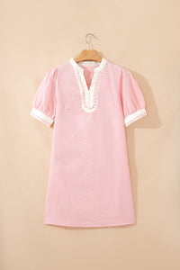 Light Pink & White Puff Sleeve (45% Cotton) Mini Dress w/Scallop Detail & Pockets