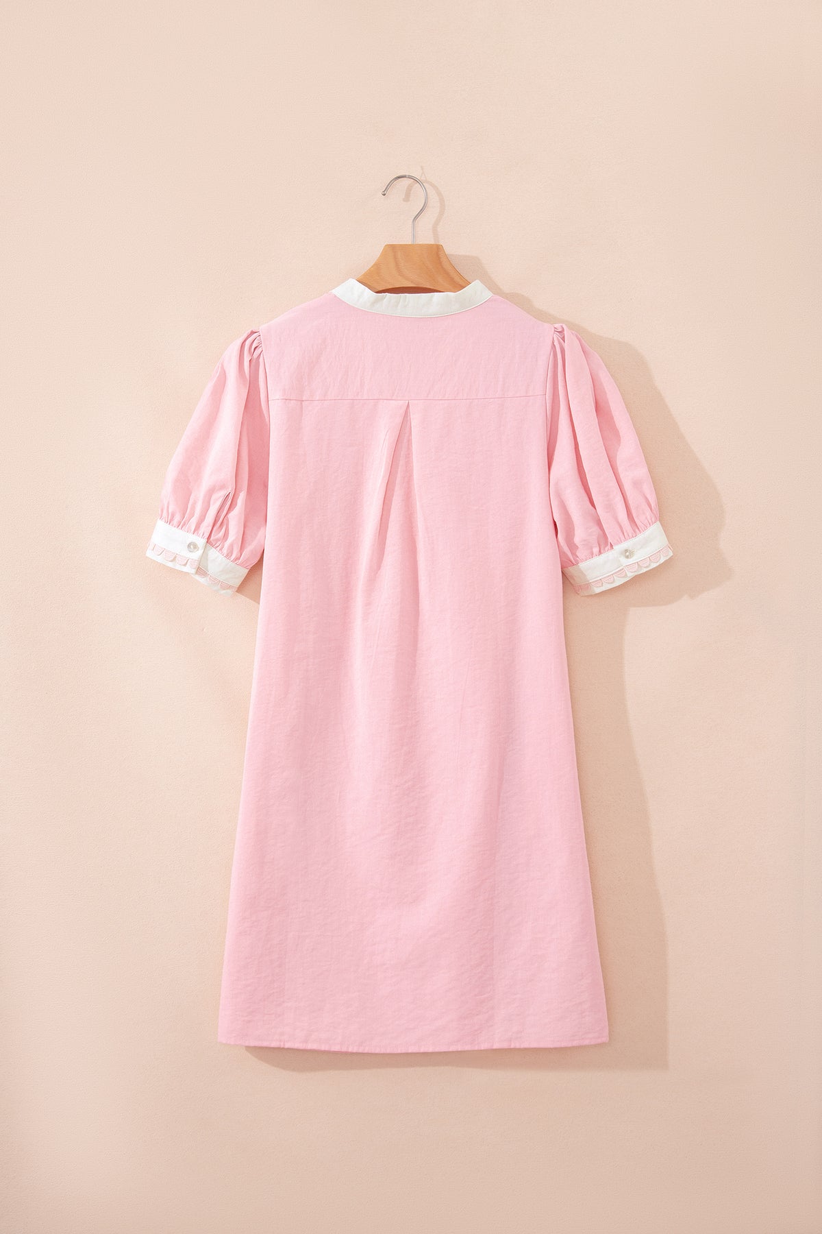 Light Pink & White Puff Sleeve (45% Cotton) Mini Dress w/Scallop Detail & Pockets