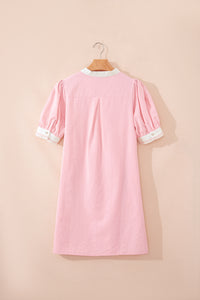 Light Pink & White Puff Sleeve (45% Cotton) Mini Dress w/Scallop Detail & Pockets