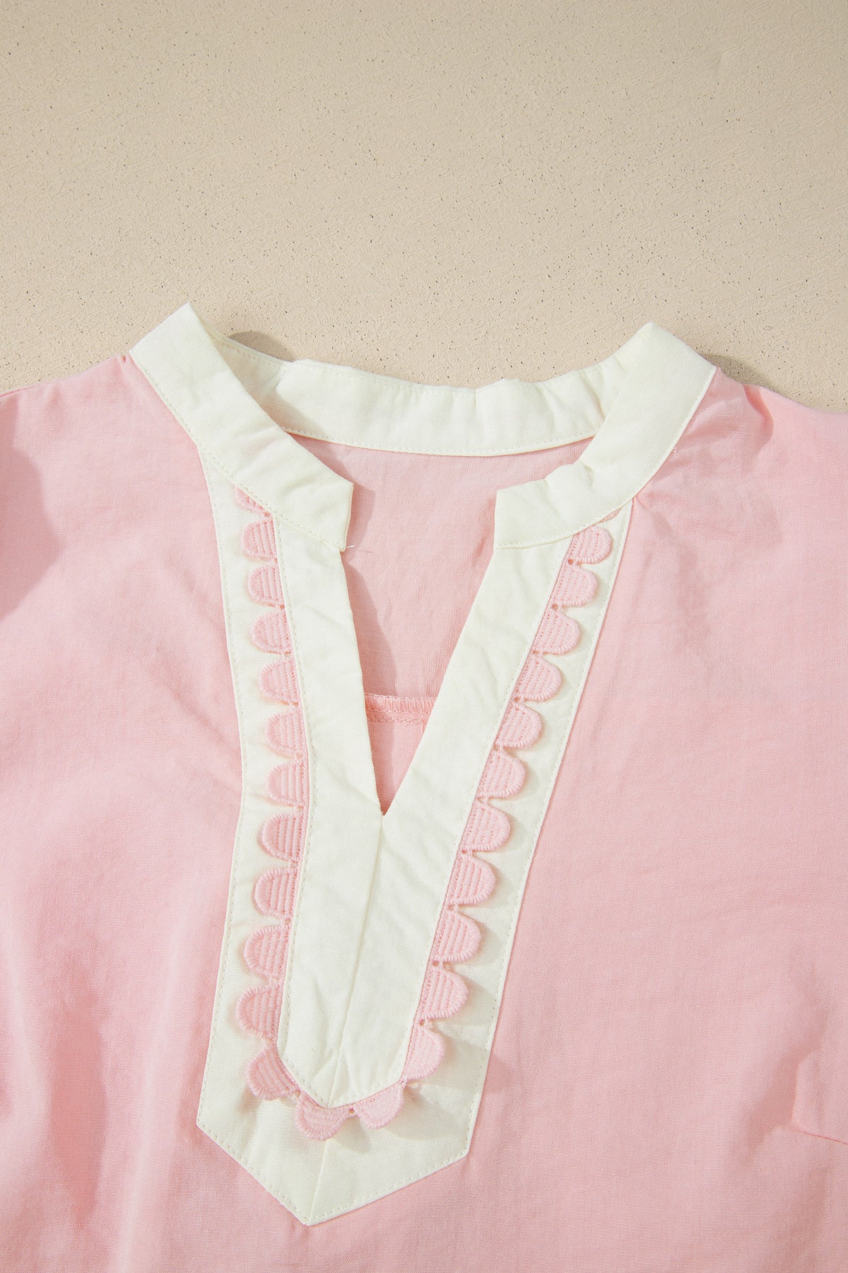 Light Pink & White Puff Sleeve (45% Cotton) Mini Dress w/Scallop Detail & Pockets