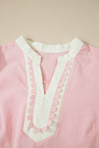Light Pink & White Puff Sleeve (45% Cotton) Mini Dress w/Scallop Detail & Pockets