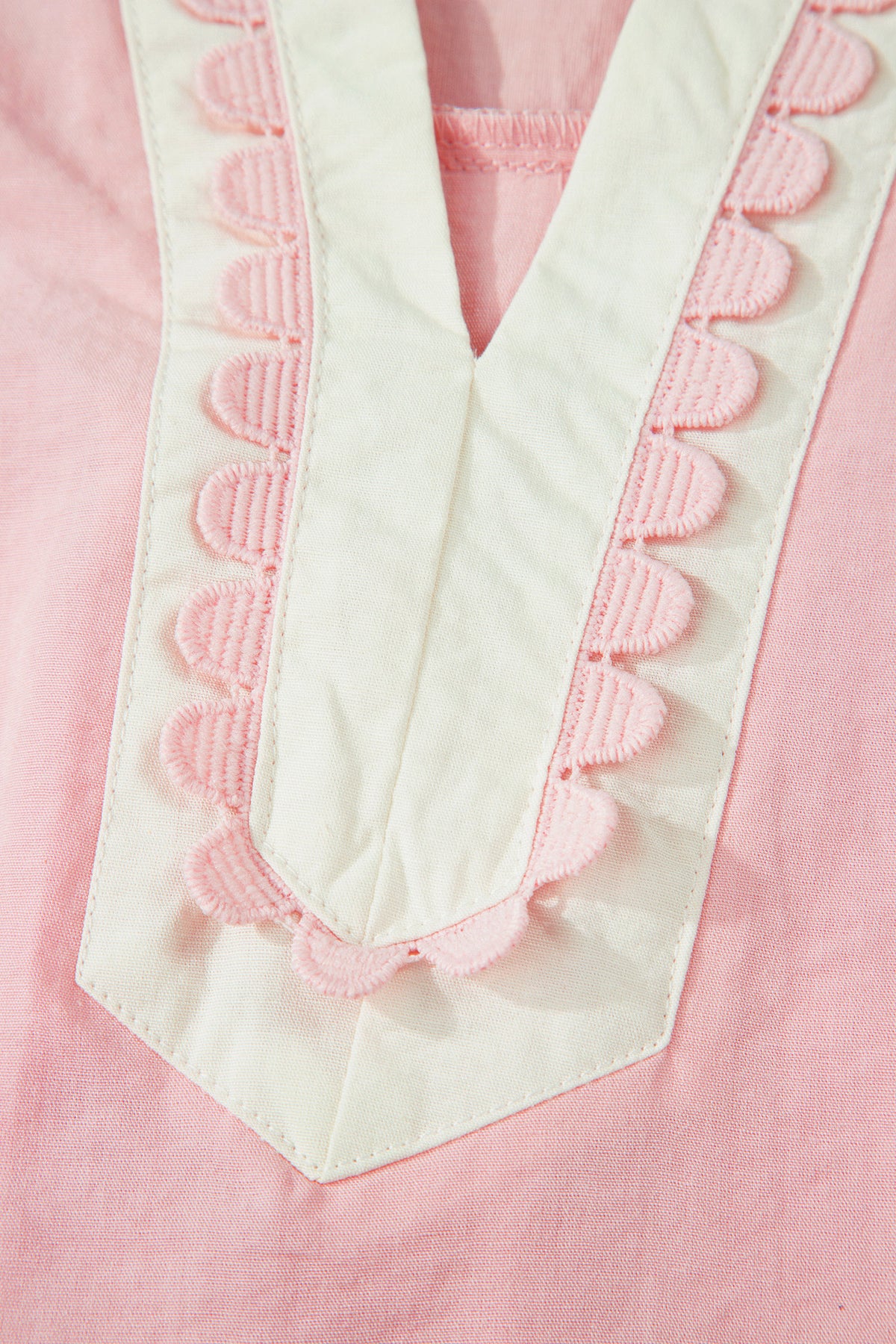 Light Pink & White Puff Sleeve (45% Cotton) Mini Dress w/Scallop Detail & Pockets