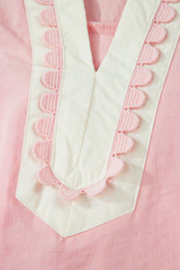 Light Pink & White Puff Sleeve (45% Cotton) Mini Dress w/Scallop Detail & Pockets