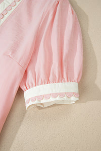 Light Pink & White Puff Sleeve (45% Cotton) Mini Dress w/Scallop Detail & Pockets