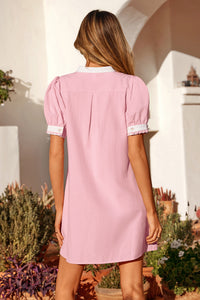 Light Pink & White Puff Sleeve (45% Cotton) Mini Dress w/Scallop Detail & Pockets