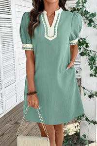 Green & White Puff Sleeve (45% Cotton) Mini Dress w/Scallop Detail & Pockets