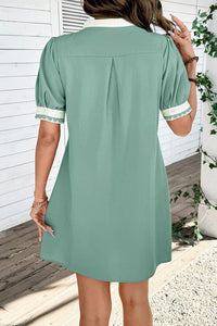Green & White Puff Sleeve (45% Cotton) Mini Dress w/Scallop Detail & Pockets