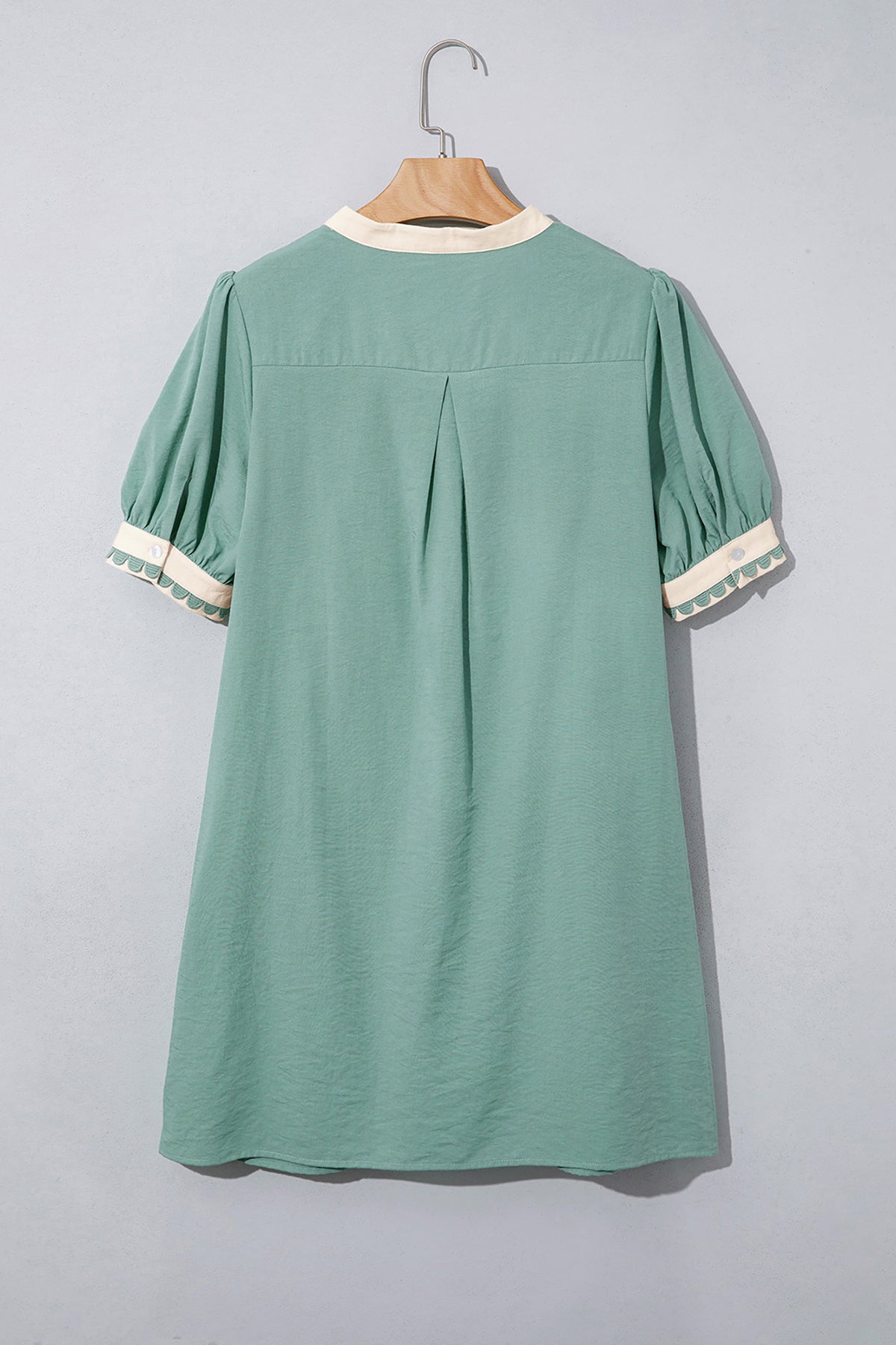 Green & White Puff Sleeve (45% Cotton) Mini Dress w/Scallop Detail & Pockets