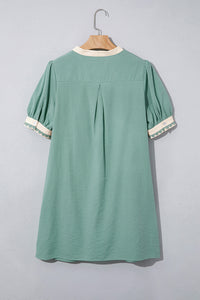 Green & White Puff Sleeve (45% Cotton) Mini Dress w/Scallop Detail & Pockets