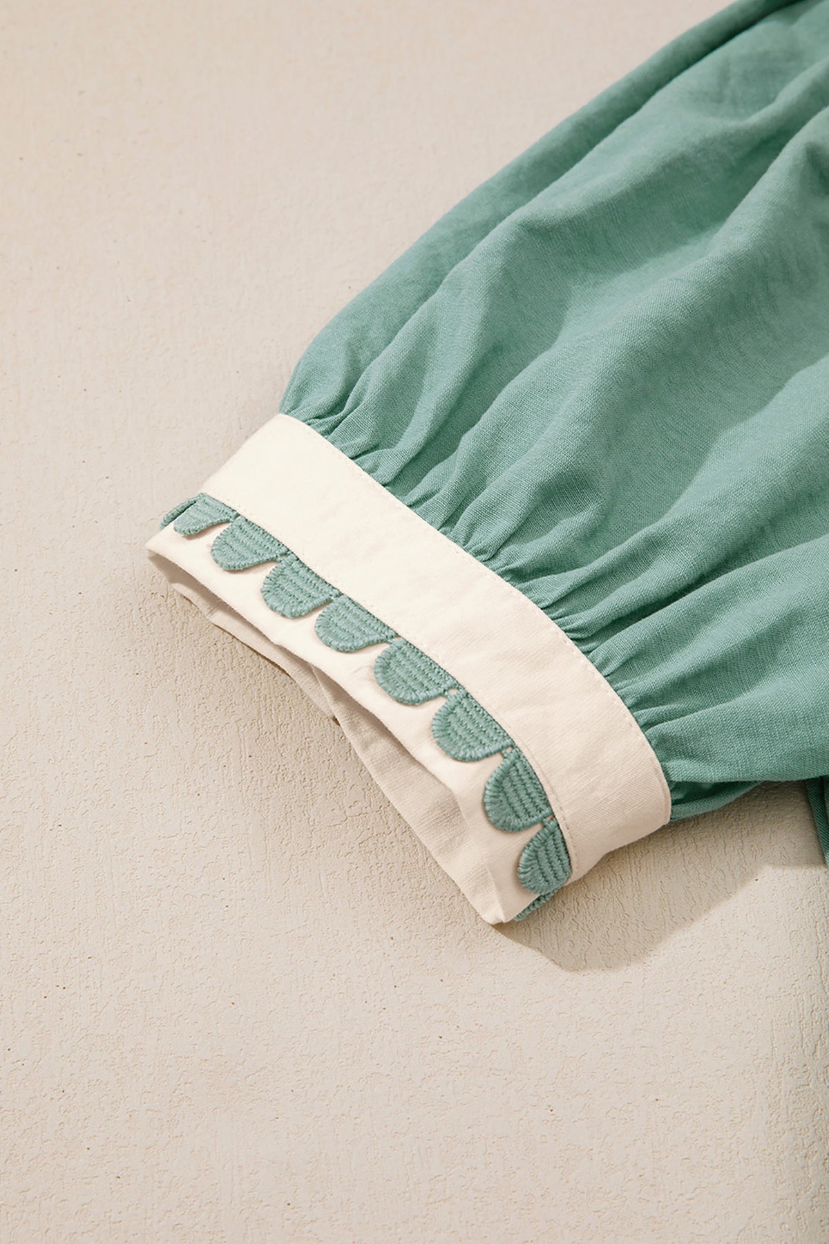 Green & White Puff Sleeve (45% Cotton) Mini Dress w/Scallop Detail & Pockets