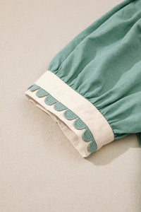 Green & White Puff Sleeve (45% Cotton) Mini Dress w/Scallop Detail & Pockets